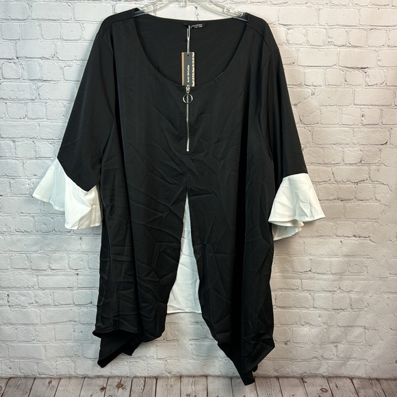 5X 6X BloomChic Black/White Contrast Zip Up Flutter Sleeve Handkerchief Hem Top - Picture 2 of 7